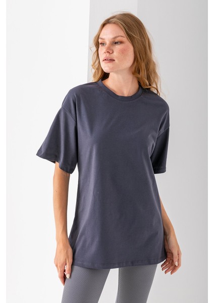 Kadın Bisiklet Yaka Düz Basic Pamuklu T-Shirt Antrasit - 25501