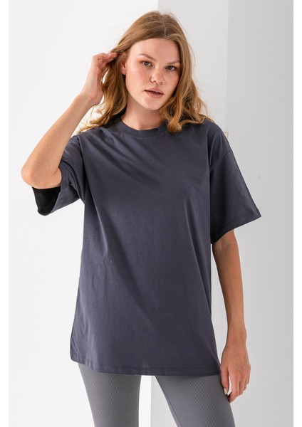 Kadın Bisiklet Yaka Düz Basic Pamuklu T-Shirt Antrasit - 25501 fiyatları