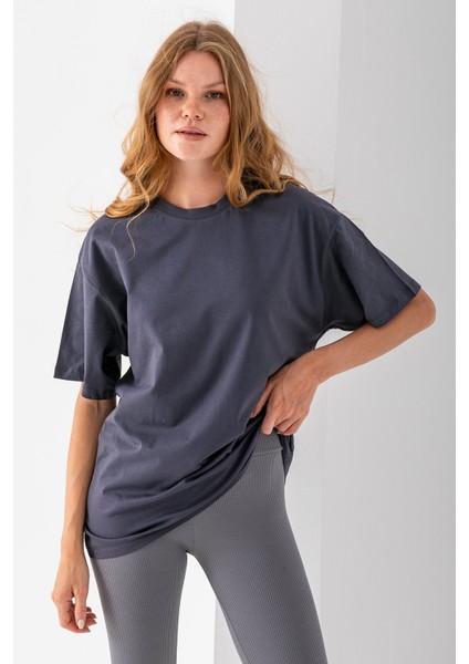 Kadın Bisiklet Yaka Düz Basic Pamuklu T-Shirt Antrasit - 25501 modelleri