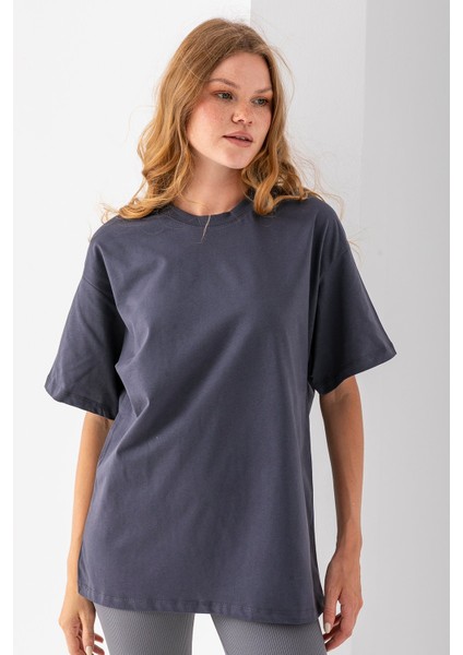 Kadın Bisiklet Yaka Düz Basic Pamuklu T-Shirt Antrasit - 25501 fırsatları