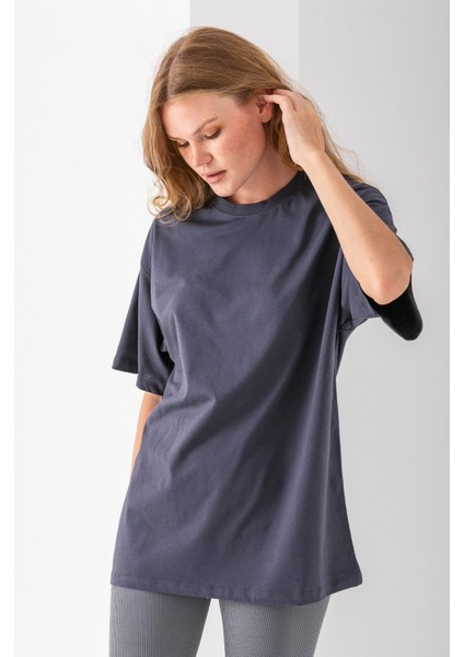 Kadın Bisiklet Yaka Düz Basic Pamuklu T-Shirt Antrasit - 25501 indirimleri