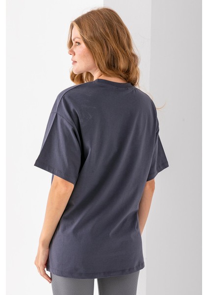 Kadın Bisiklet Yaka Düz Basic Pamuklu T-Shirt Antrasit - 25501