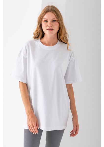 Kadın Bisiklet Yaka Düz Basic Pamuklu T-Shirt Beyaz - 25501