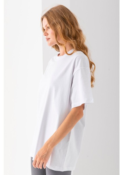 Kadın Bisiklet Yaka Düz Basic Pamuklu T-Shirt Beyaz - 25501