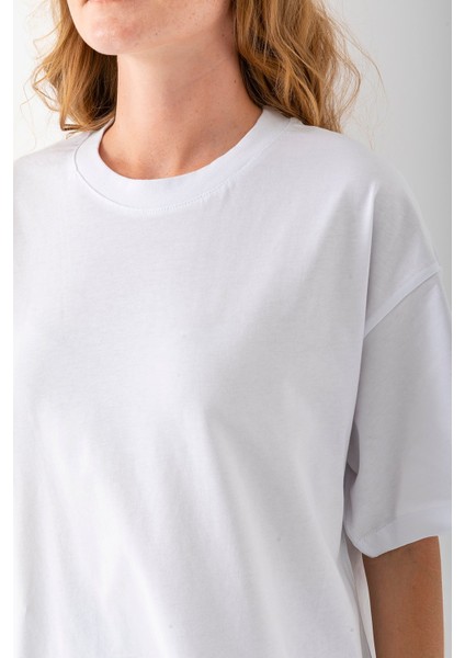 Kadın Bisiklet Yaka Düz Basic Pamuklu T-Shirt Beyaz - 25501