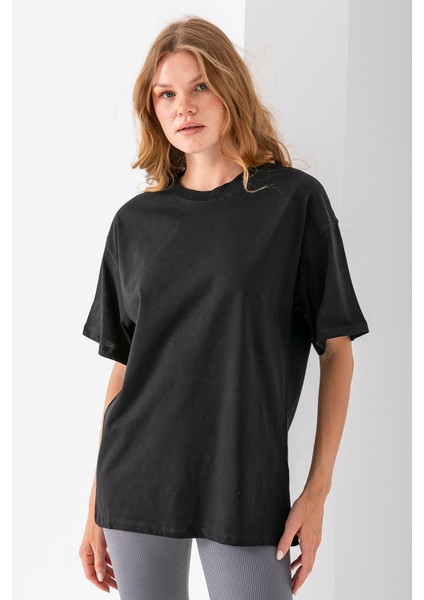 Kadın Bisiklet Yaka Düz Basic Pamuklu T-Shirt Siyah - 25501 indirimleri