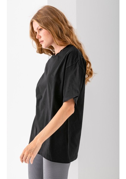 Kadın Bisiklet Yaka Düz Basic Pamuklu T-Shirt Siyah - 25501