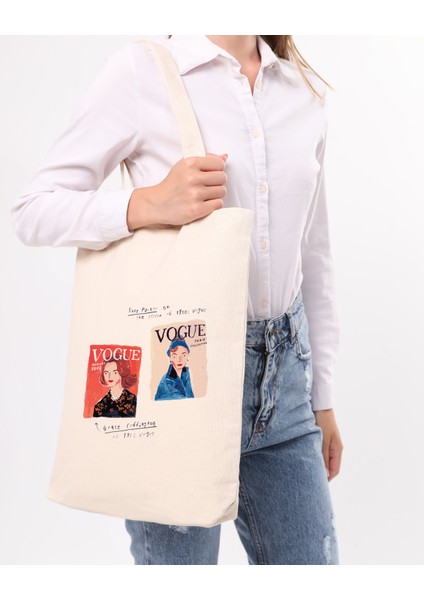 Kadın Büyük Boy Vogue Baskılı Kanvas Omuz Çantası Krem - 2025