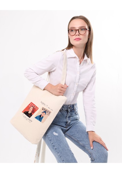 Kadın Büyük Boy Vogue Baskılı Kanvas Omuz Çantası Krem - 2025 fiyatları