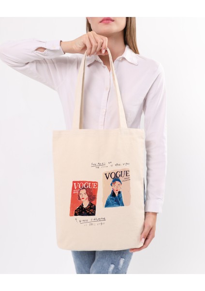 Kadın Büyük Boy Vogue Baskılı Kanvas Omuz Çantası Krem - 2025 indirimleri