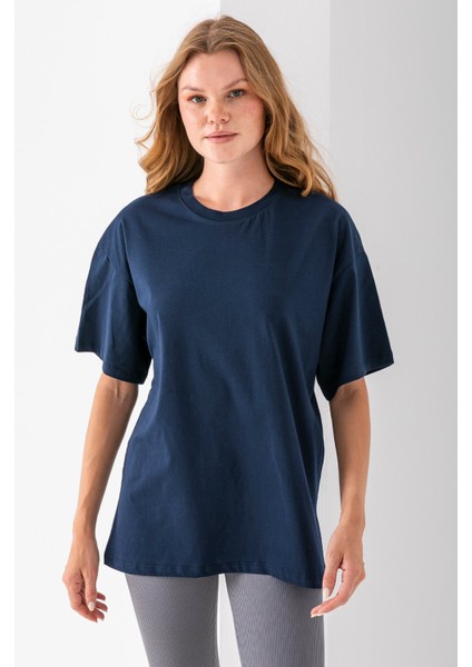 Kadın Bisiklet Yaka Düz Basic Pamuklu T-Shirt Lacivert - 25501