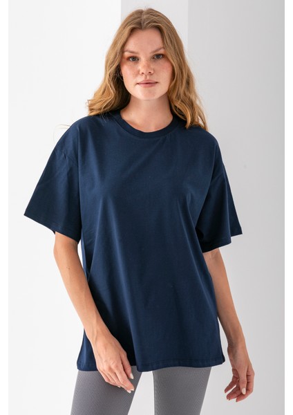 Kadın Bisiklet Yaka Düz Basic Pamuklu T-Shirt Lacivert - 25501 fiyatları