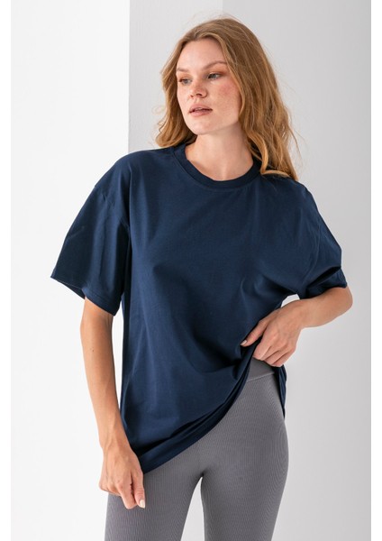 Kadın Bisiklet Yaka Düz Basic Pamuklu T-Shirt Lacivert - 25501 modelleri