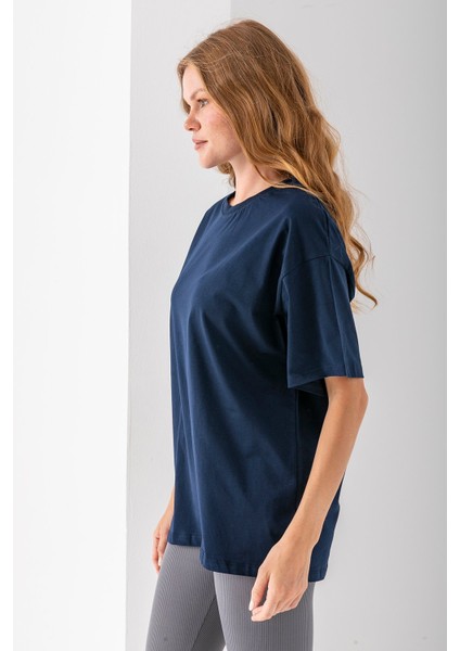 Kadın Bisiklet Yaka Düz Basic Pamuklu T-Shirt Lacivert - 25501 fırsatları