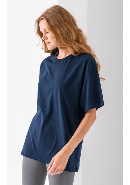 Kadın Bisiklet Yaka Düz Basic Pamuklu T-Shirt Lacivert - 25501 indirimleri