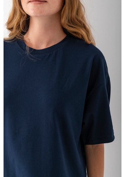 Kadın Bisiklet Yaka Düz Basic Pamuklu T-Shirt Lacivert - 25501