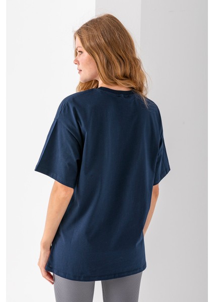 Kadın Bisiklet Yaka Düz Basic Pamuklu T-Shirt Lacivert - 25501