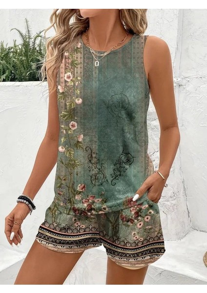 Kadın Askılı Yuvarlak Yaka Çiçek Baskılı Süprme Bluz ve Short Ikili Takım modelleri