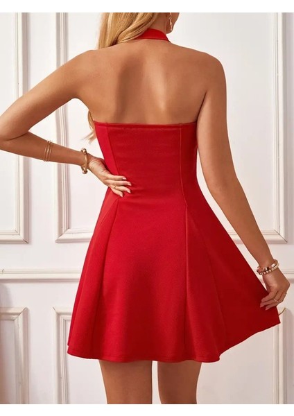 Kadın Boyundan Askılı Sırtı Açık Ithal Krep Mini Elbise