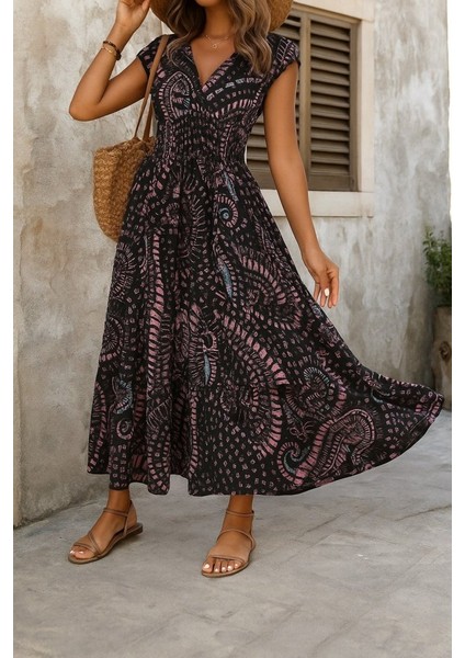 Aknbutik Kadın Kısa Yarasa Kanat Kollu V Yakalı Beli Büzgülü Süprem Elbise