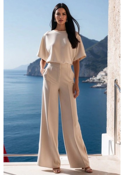 Kadın Kısa Kollu Bisiklet Yaka Bluz Yüksek Bel Cep Detaylı Pantolon Atlas Ikili Takım