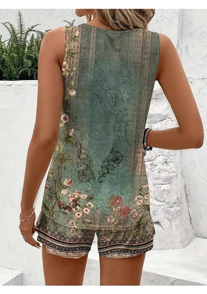 Kadın Askılı Yuvarlak Yaka Çiçek Baskılı Süprme Bluz ve Short Ikili Takım fırsatları