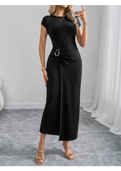 Kadın Yarım Ay Kollu Yuvarlak Yaka Önünde Toka Detaylı Modal Maxi Elbise fiyatları