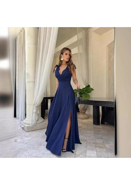 Aknbutik Kadın Askılı Omuzdan Bağlamalı Kruvaze Yakalı Uzun Yırtmaçlı Janjan Krep Elbise
