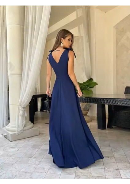 Aknbutik Kadın Askılı Omuzdan Bağlamalı Kruvaze Yakalı Uzun Yırtmaçlı Janjan Krep Elbise modelleri
