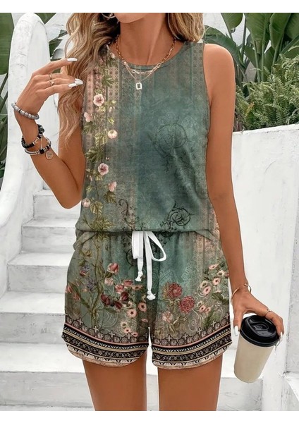 Kadın Askılı Yuvarlak Yaka Çiçek Baskılı Süprme Bluz ve Short Ikili Takım indirimleri