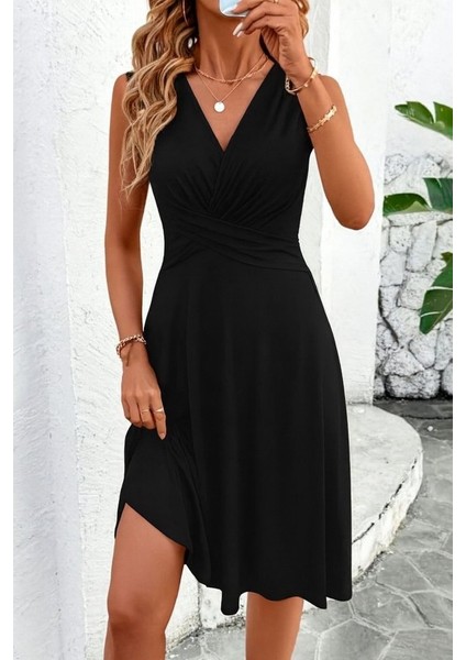 Kadın Sıfır Kollu Önden Çapraz Detaylı Leopar Desenli Süprem Elbise