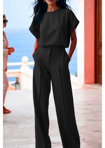 Kadın Kısa Kollu Bisiklet Yaka Bluz Yüksek Bel Cep Detaylı Pantolon Atlas Ikili Takım modelleri