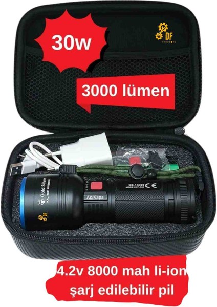 Gold Silver 30W 3000 Lümen Şarjlı El Feneri Profesyonel Set