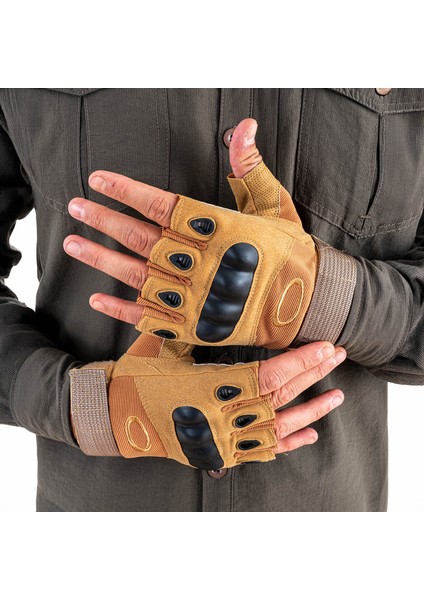 Parmaksız Kemik Taktikal Eldiven - Kum - 1108
