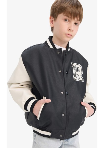 Erkek Çocuk Okul Su Geçirmez Kolej Yaka Fermuarlı Çift Cepli Mevsimlik Suni Deri Bomber Mont Ceket C7088A825AU