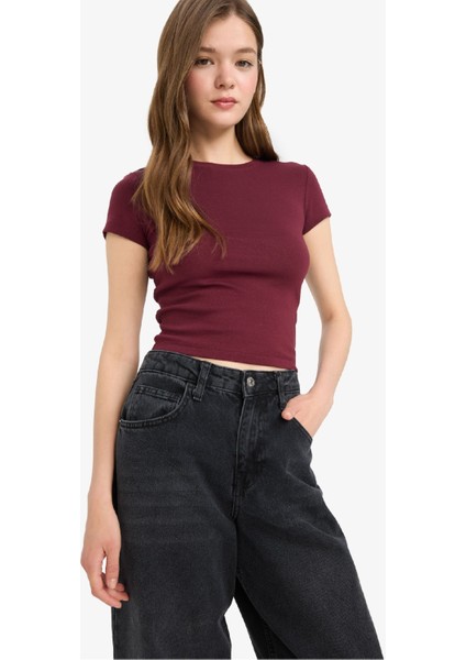 Fitted Bisiklet Yaka Ribana Kısa Kollu Tişört E0288AX25AU fırsatları