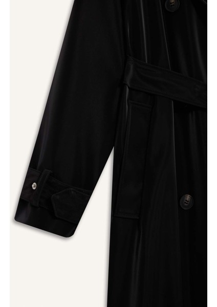 Regular Fit Suni Deri Kemerli Uzun Trençkot E8580AX25AU