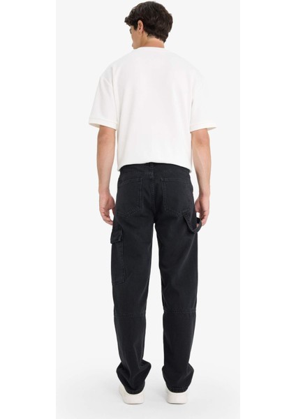 %100 Pamuk Relax Fit Geniş Paça Kargo Cepli Jean Pantolon