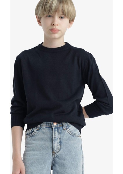 Erkek Çocuk Okul Basic Düz Bisiklet Yaka Triko Kazak F3734A825AU