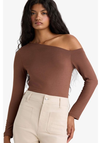 Slim Fit Dar Kesim Tek Omuzlu Uzun Kollu Tişört G0105AX25AU