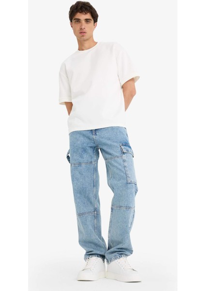 %100 Pamuk Relax Fit Kargo Cepli Geniş Paça Jean Pantolon F2987AX25AU