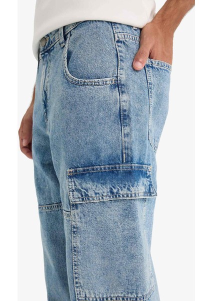 %100 Pamuk Relax Fit Kargo Cepli Geniş Paça Jean Pantolon F2987AX25AU