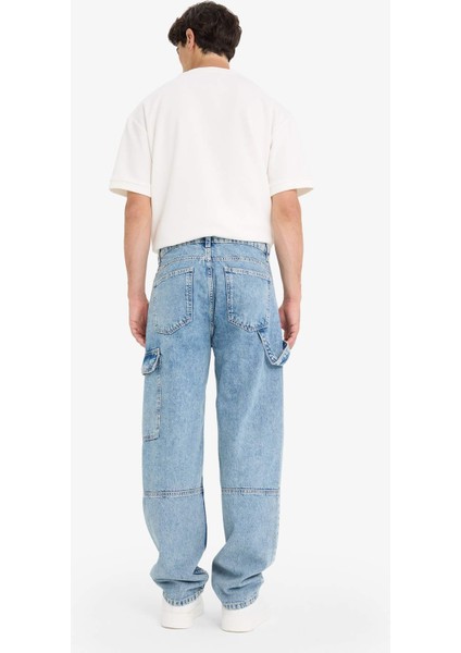 %100 Pamuk Relax Fit Kargo Cepli Geniş Paça Jean Pantolon F2987AX25AU