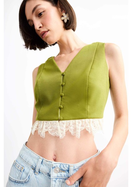 Fitted Düğmeli Dantel Detaylı Yelek F9942AX25SM fırsatları