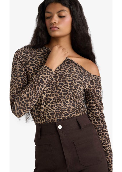 Slim Fit Dar Kesim Tek Omuzlu Leopar Desenli Uzun Kollu Bluz G0290AX25AU