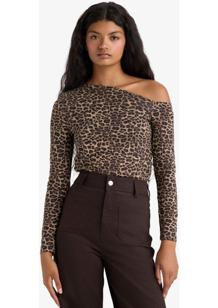 Slim Fit Dar Kesim Tek Omuzlu Leopar Desenli Uzun Kollu Bluz G0290AX25AU modelleri
