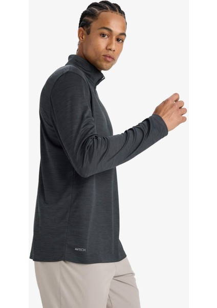 Fit Slim Fit Dar Kesim Dik Yaka Çabuk Kuruyan Nefes Alabilen Esnek Kumaş Fermuarlı Sporcu Uzun Kollu Body E9358AX25AU fırsatları