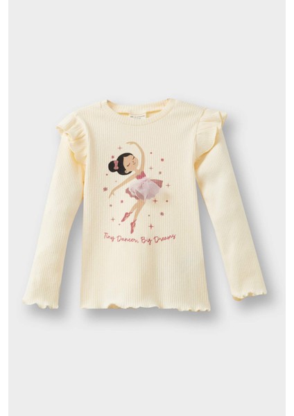 Kız Bebek Bisiklet Yaka Balerin Baskılı Fitilli Kaşkorse Uzun Kollu Tişört F8434A525AU