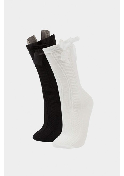 Kız Çocuk 2'li Pamuklu Diz Altı Okul Çorabı F7215A8NS