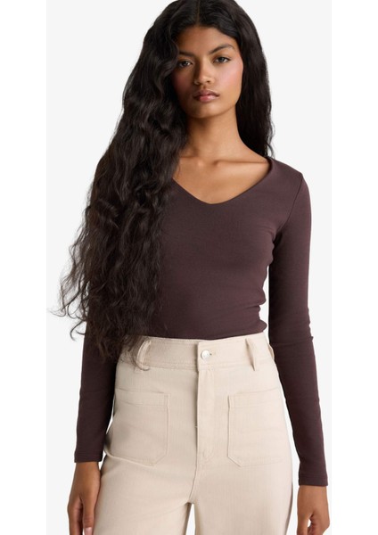 Slim Fit Dar Kesim Basic Düz Modal Uzun Kollu Tişört F7153AX25AU modelleri